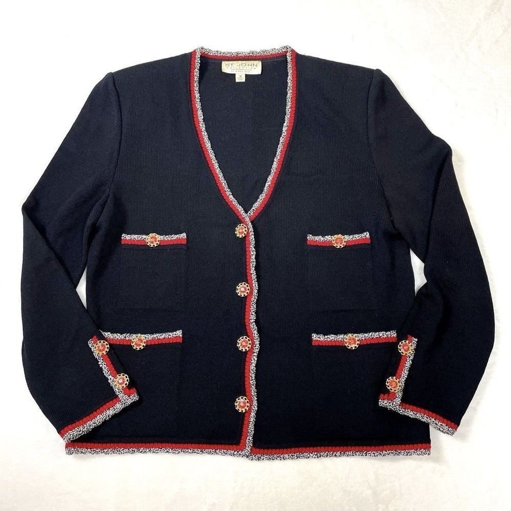St John Collection Cardigan Women 12 Navy Blue Vintage Knit Button Front Jacket